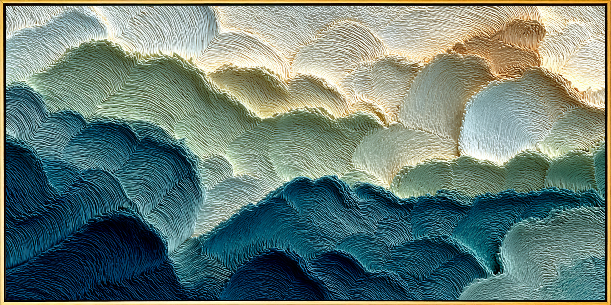 "Textured Coastal Tides" – Tactile Abstract Landscape Art | Deep Blue, Sage & Off-White Impasto Wall Decor | Contemporary Horizontal Art# PT 010