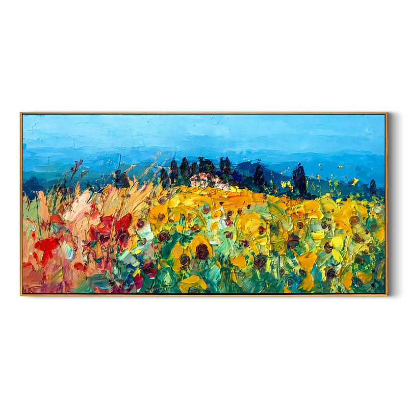 "Meadow Rhapsody" - Colorful Impasto Flower Field Landscape | Blue Sky & Yellow Bloom Wall Art