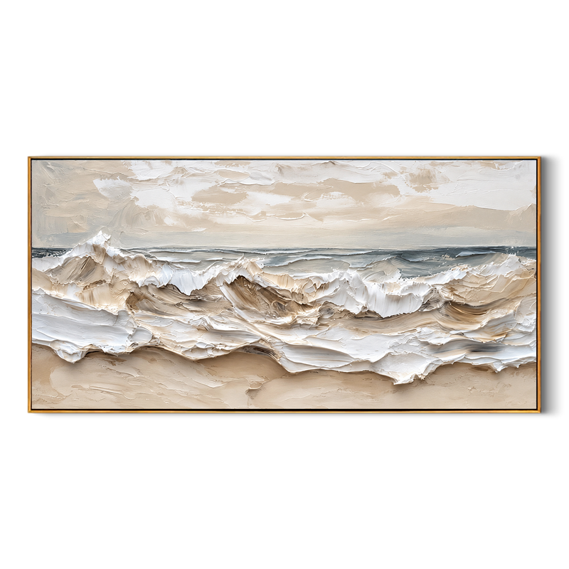 "Tide Relief" - 3D Wabi-Sabi Ocean Wave Plaster Art | Beige White & Blue Textured Seascape
