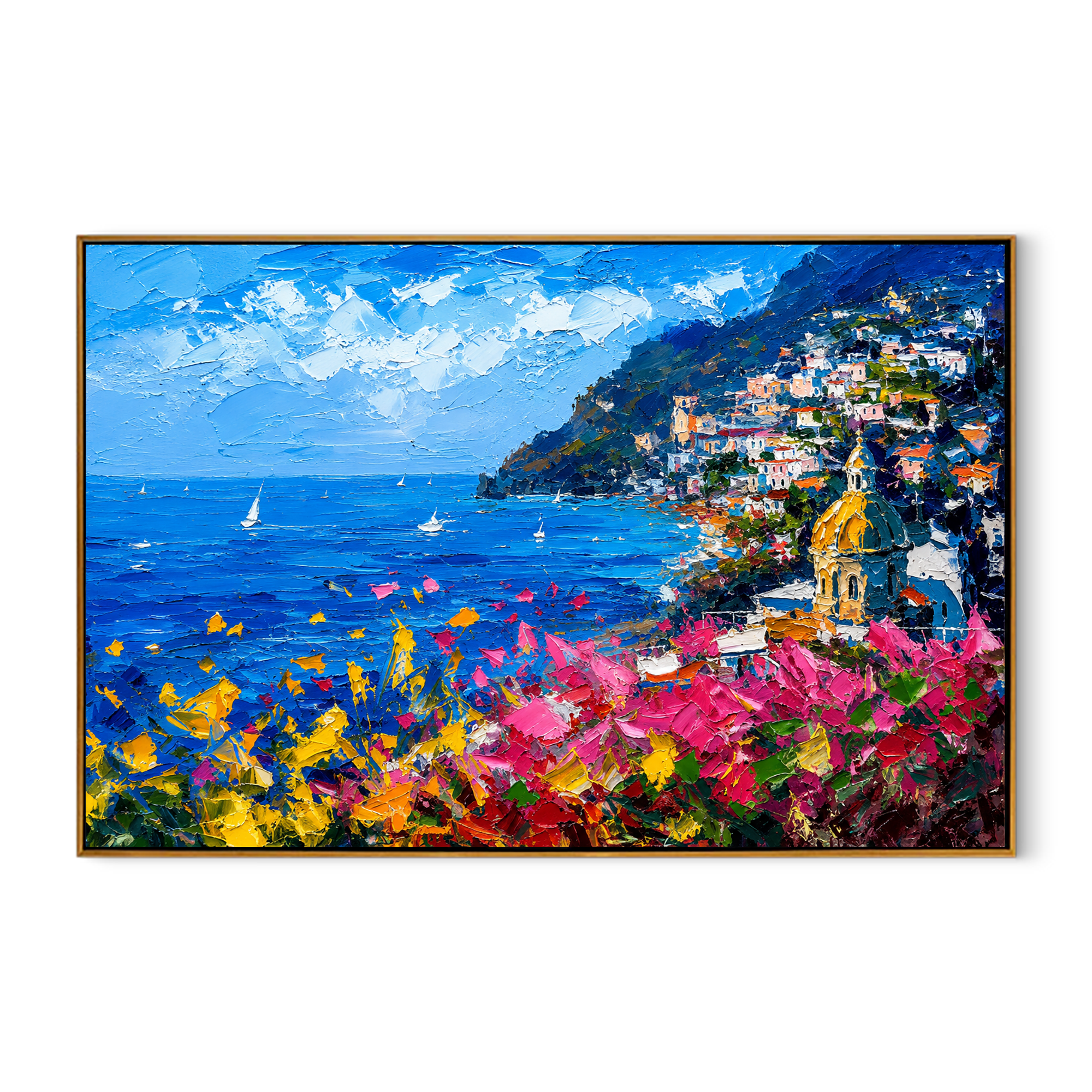 "Positano Dream" - Impressionist Mediterranean Coastal Village | Vivid Blue & Pink Landscape Art