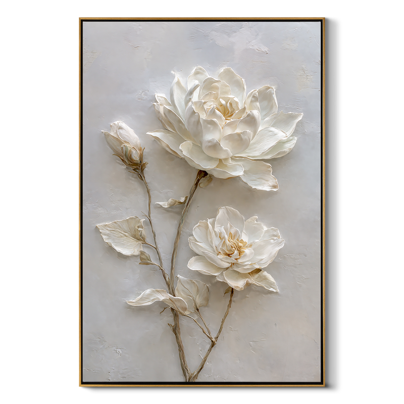 "Eternal Bloom" – Modern 3D Heavy Impasto White Botanical | Elegant Vertical Statement Art