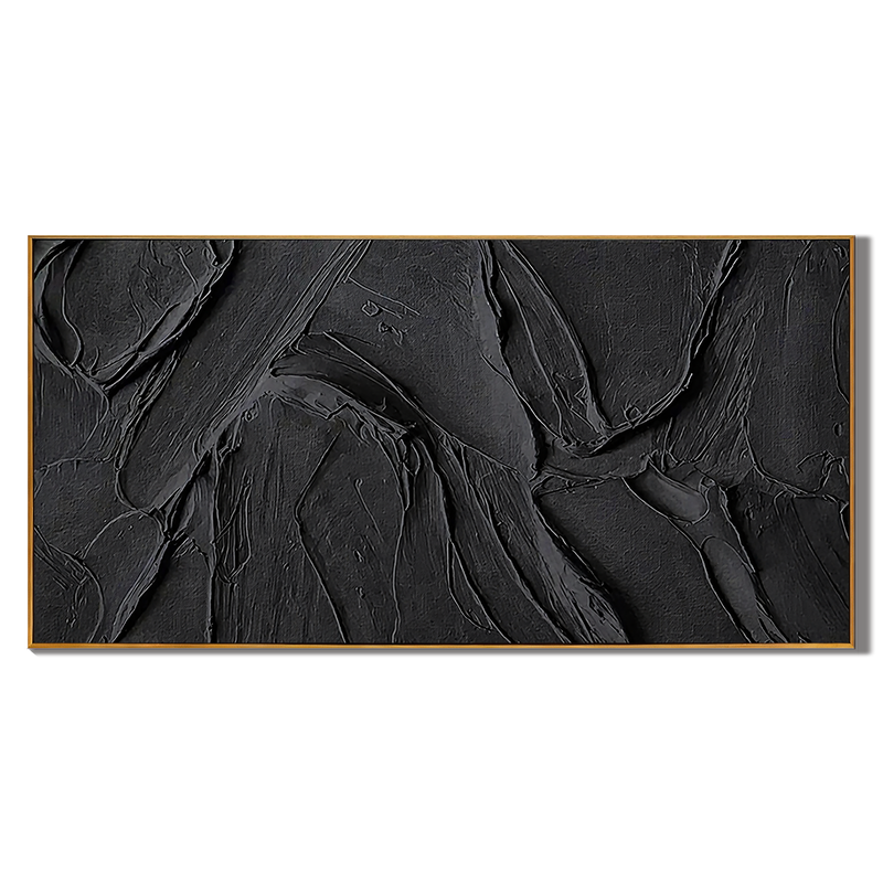 "Noir Tectonic" – 3D Heavy Impasto Black Abstract | Minimalist Sculptural Statement Art
