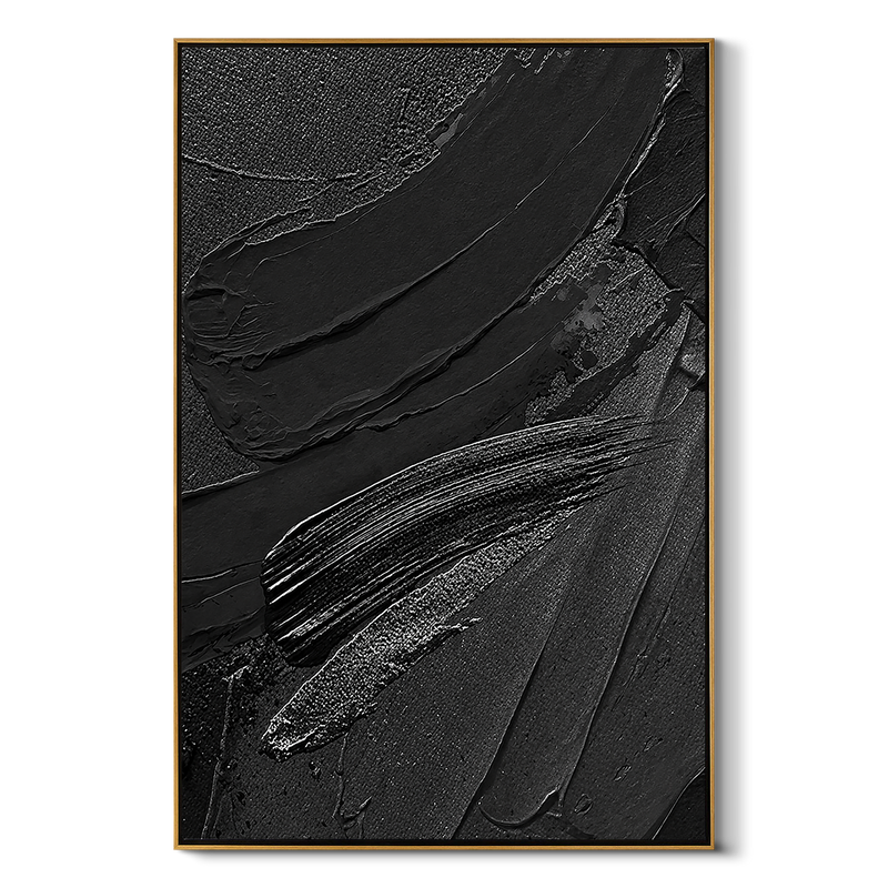 "Noir Rhythms" – 3D Heavy Impasto Black Abstract | Minimalist Sculptural Statement Art