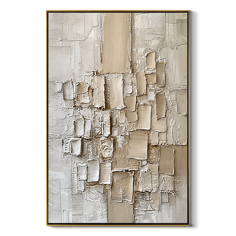 "Grounded Form" – Modern 3D Heavy Impasto Geometric Relief | Neutral Vertical Statement Art