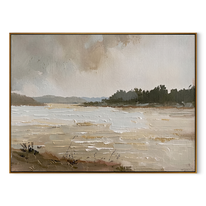 "Rustic Reverie" – Impressionist Neutral Lakeside Landscape Painting | Serene Farmhouse Wall Decor