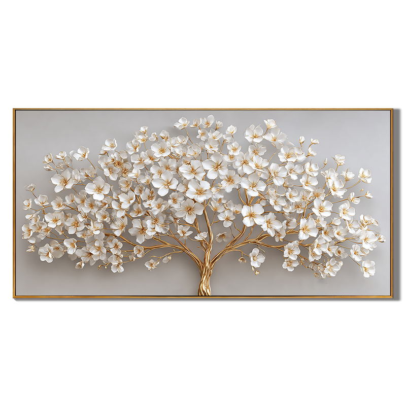 "Gilded Prosperity" – Modern 3D Heavy Impasto Blossom Tree | Luxury Horizontal Statement Art