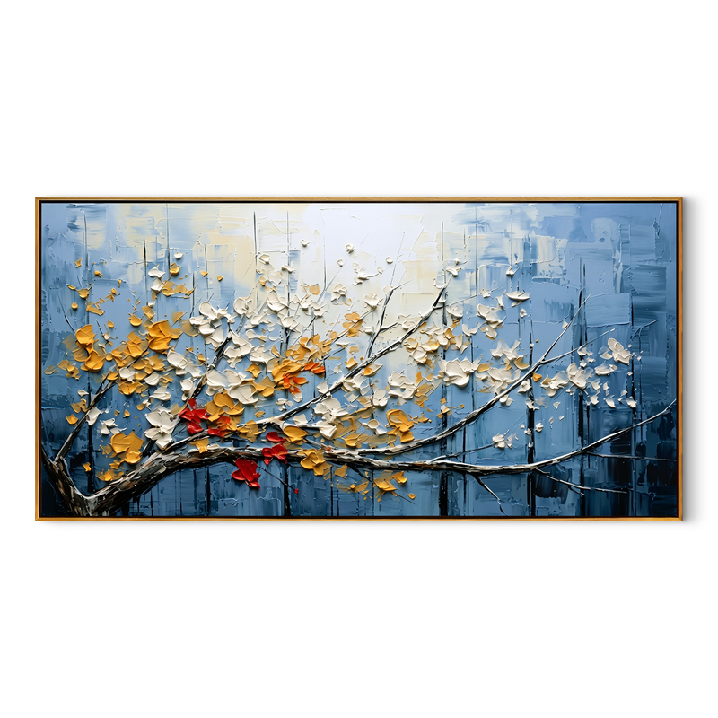 "Golden Breath" – Impressionist Textured Blossom Branch | Serene Over-Sofa Statement Art