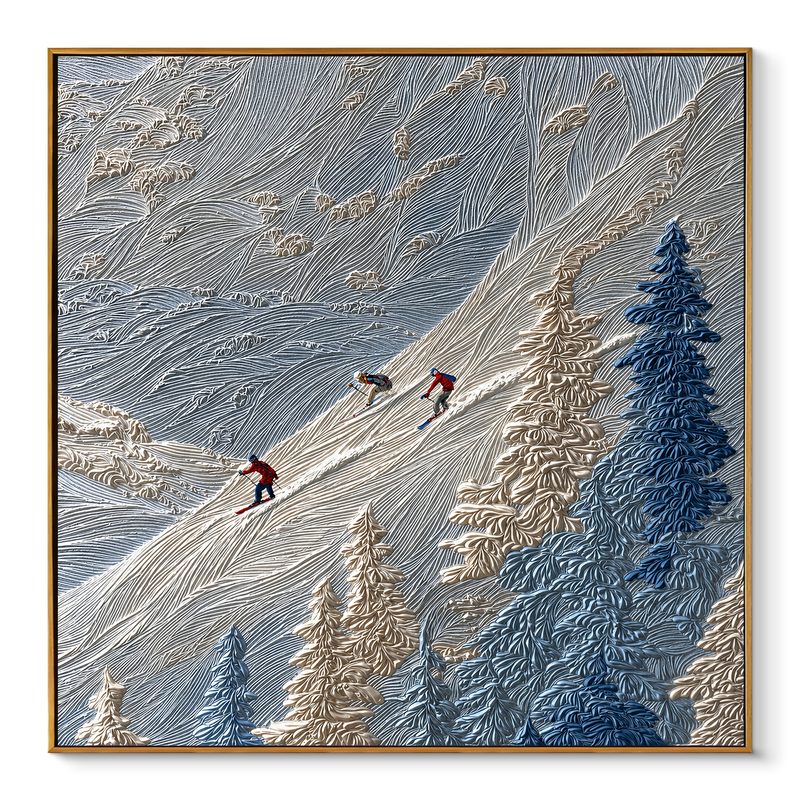 "Alpine Pulse" – Modern 3D Impasto Ski Mountain Relief | Winter Adventure Statement Art