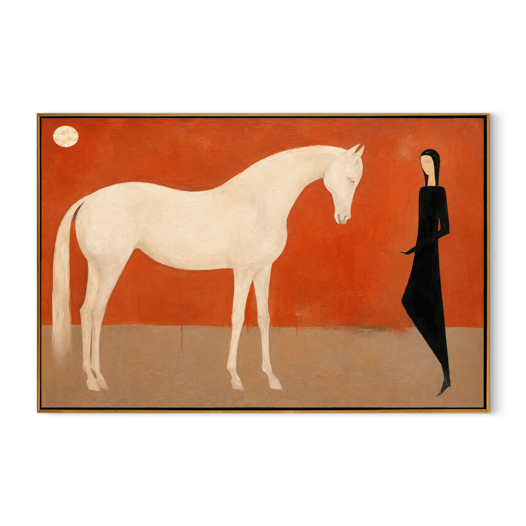 "Moonlit Keeper" - White Horse & Figure Painting | Terracotta Minimalist Figurative Wall Art