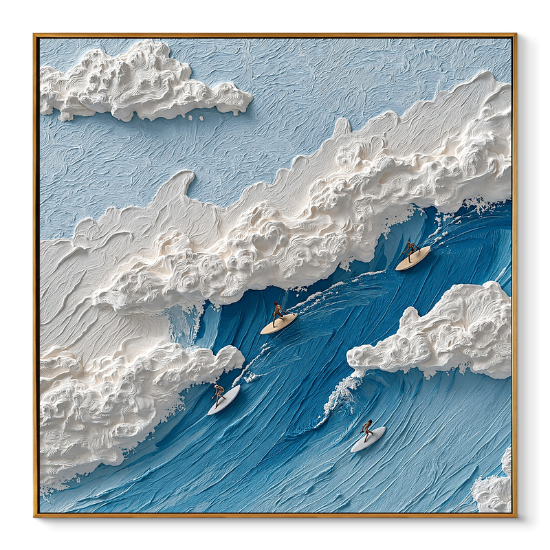 "Infinite Crest" – Modern 3D Heavy Impasto Surfing Relief | Energetic Azure Statement Art