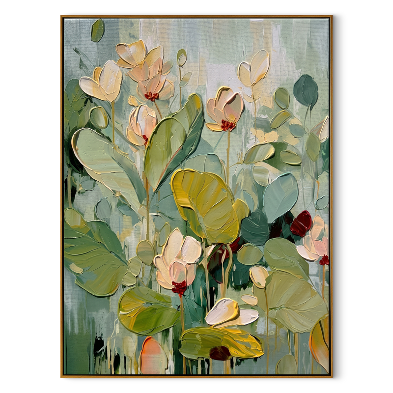 "Silent Bloom" – Expressionist Cream & Sage Impasto Floral Canvas | Serene Bedroom Art