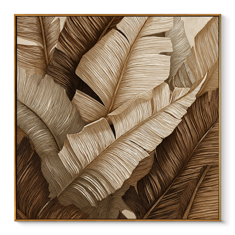 "Bronze Canopy" – Modern Linear Tropical Banana Leaf Canvas | Sophisticated Organic Wall Art