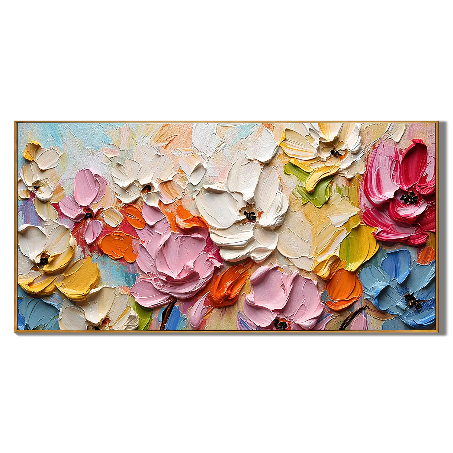 "Chromatic Bloom" – 3D Heavy Impasto Floral Panorama | Vibrant Textured Statement Art