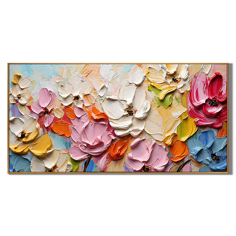 "Chromatic Bloom" – 3D Heavy Impasto Floral Panorama | Vibrant Textured Statement Art