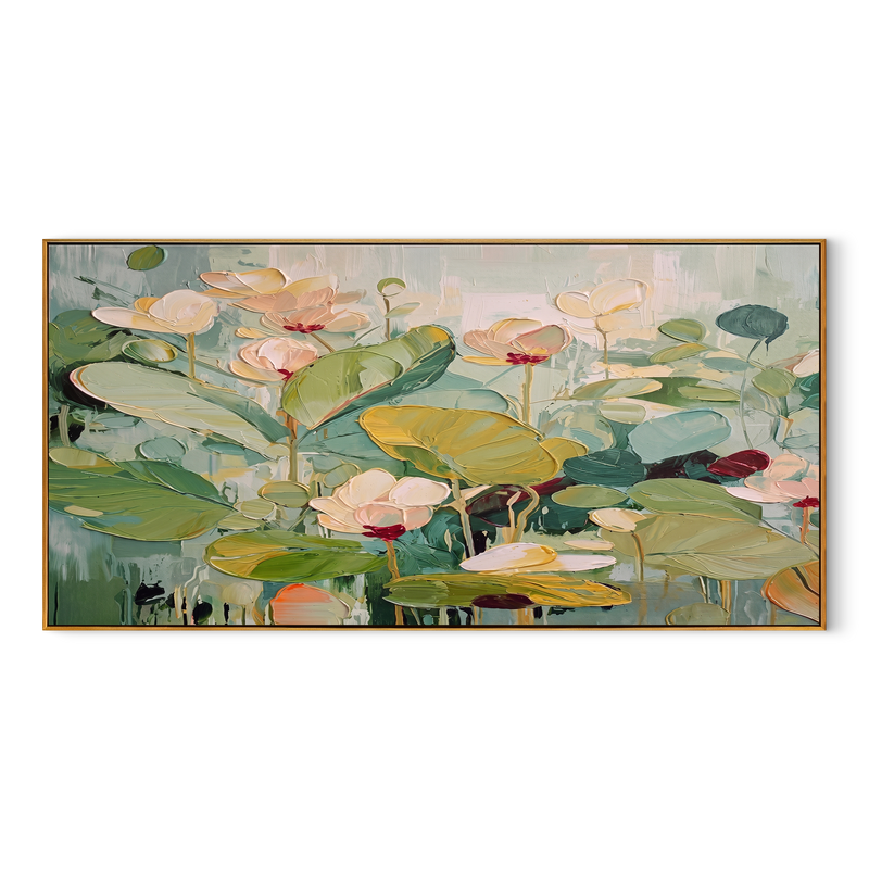 "Botanical Serenity" – Impressionist Lotus Floral Impasto Canvas Art | Elegant Dining Room Decor