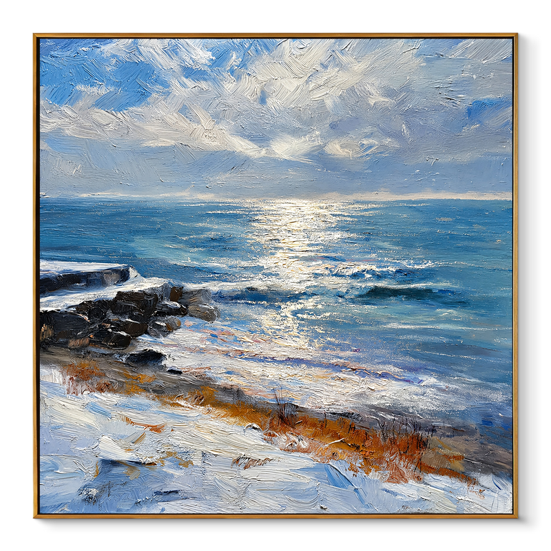 "Glistening Horizon" – Modern 3D Heavy Impasto Coastal Seascape | Sophisticated Ocean Statement Art