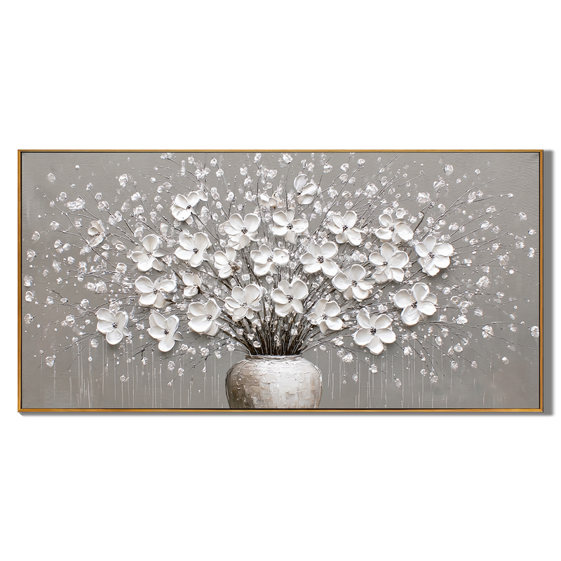 "Silver Harmony" – Modern 3D Heavy Impasto White Floral Still Life | Elegant Neutral Statement Art