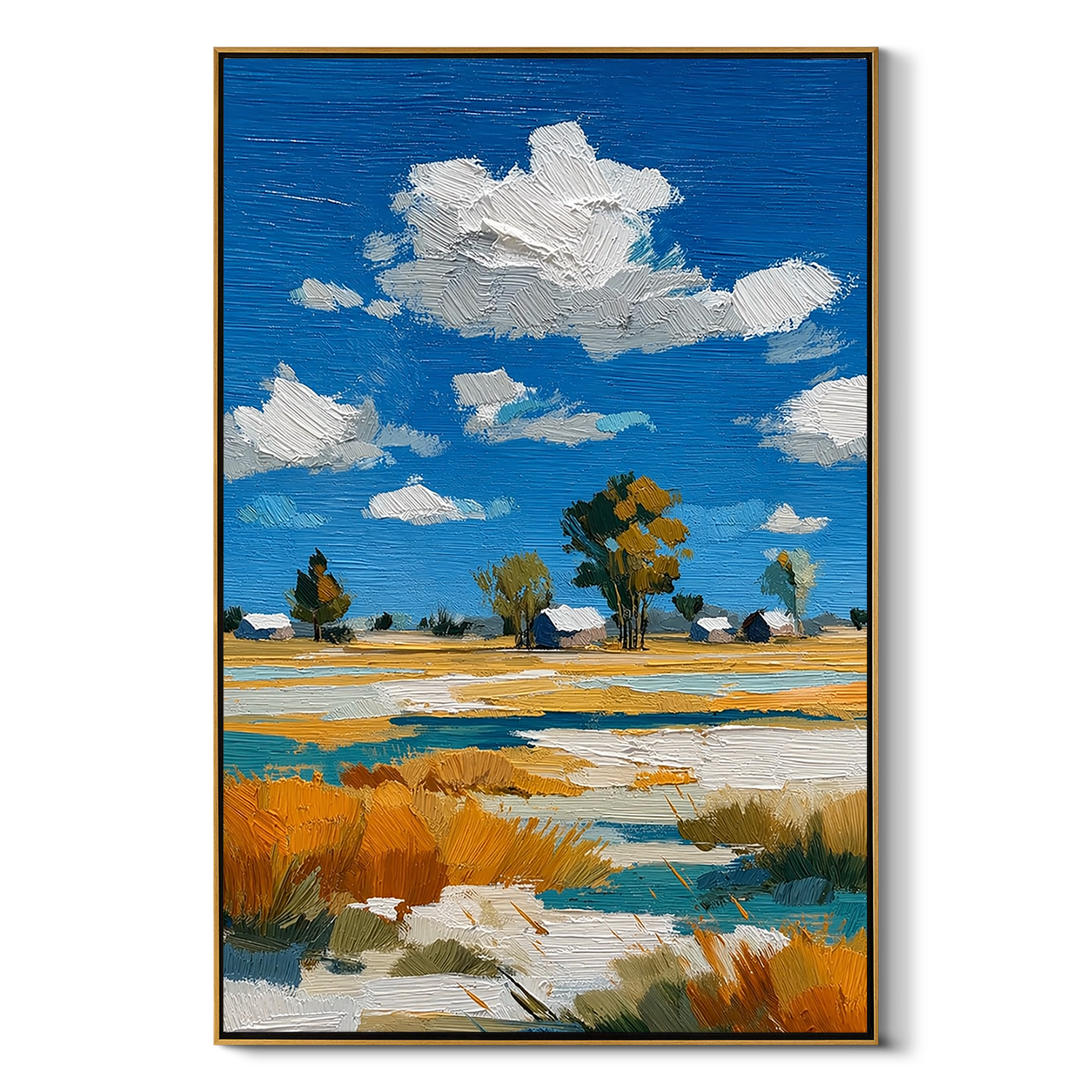 "Azure Prairie" – 3D Heavy Impasto Rustic Landscape | Vibrant Blue & Gold Statement Art