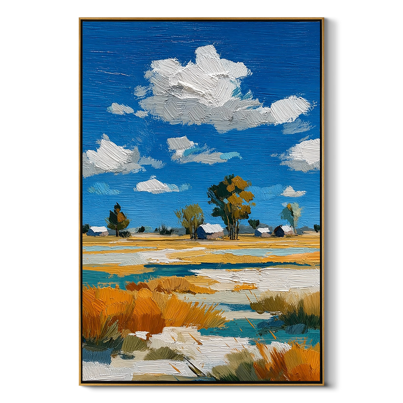 "Azure Prairie" – 3D Heavy Impasto Rustic Landscape | Vibrant Blue & Gold Statement Art