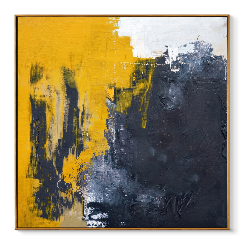 "Urban Resilience" – Industrial Wabi-Sabi Charcoal & Yellow Abstract | Minimalist Studio Statement Art