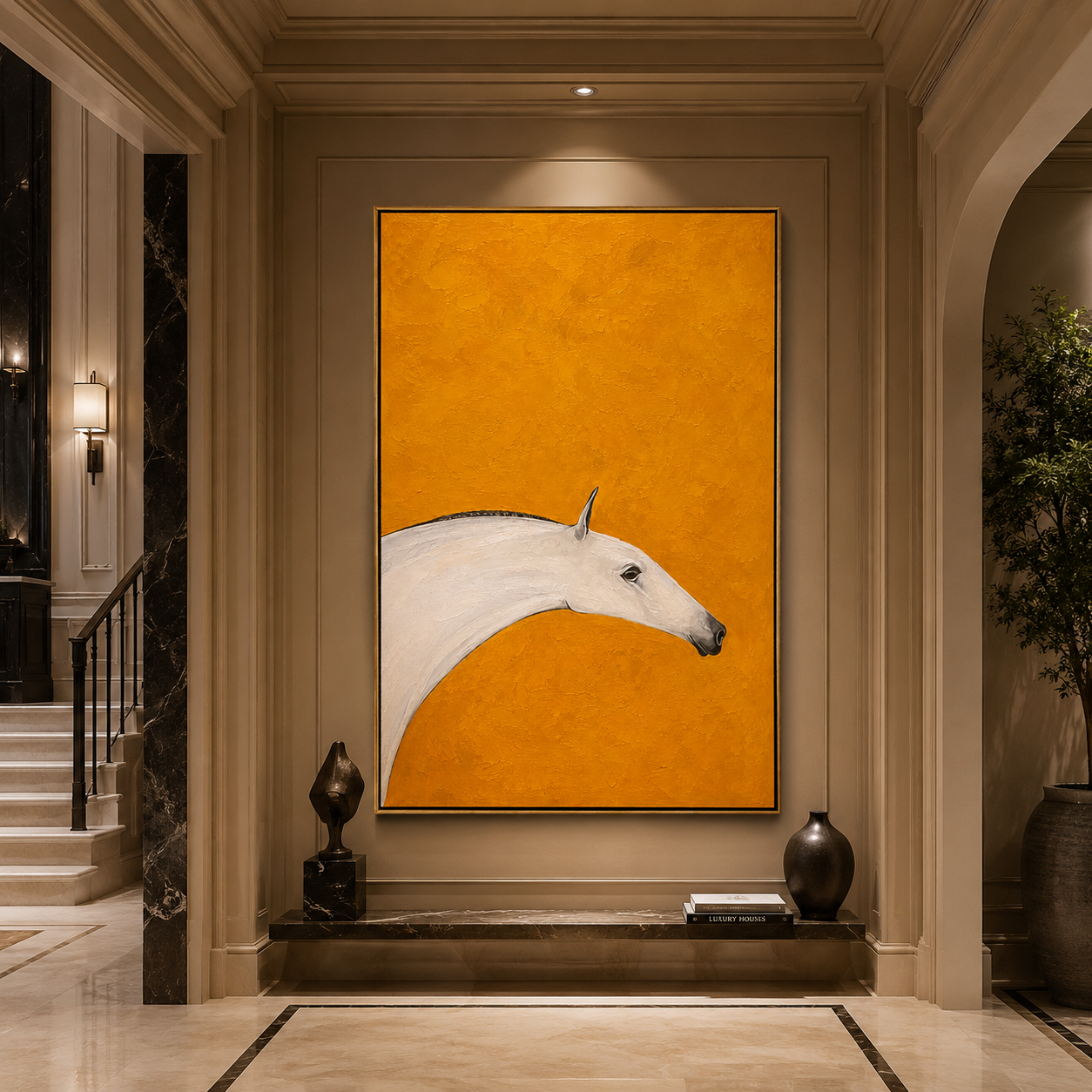 "Ochre Mare" - Minimalist White Horse Painting | Golden Yellow Vertical Animal Wall Art