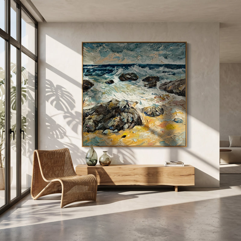 "Tidecarved Shore" - Rocky Coastal Landscape Painting | Blue Grey Brown Vertical Ocean Wall Art