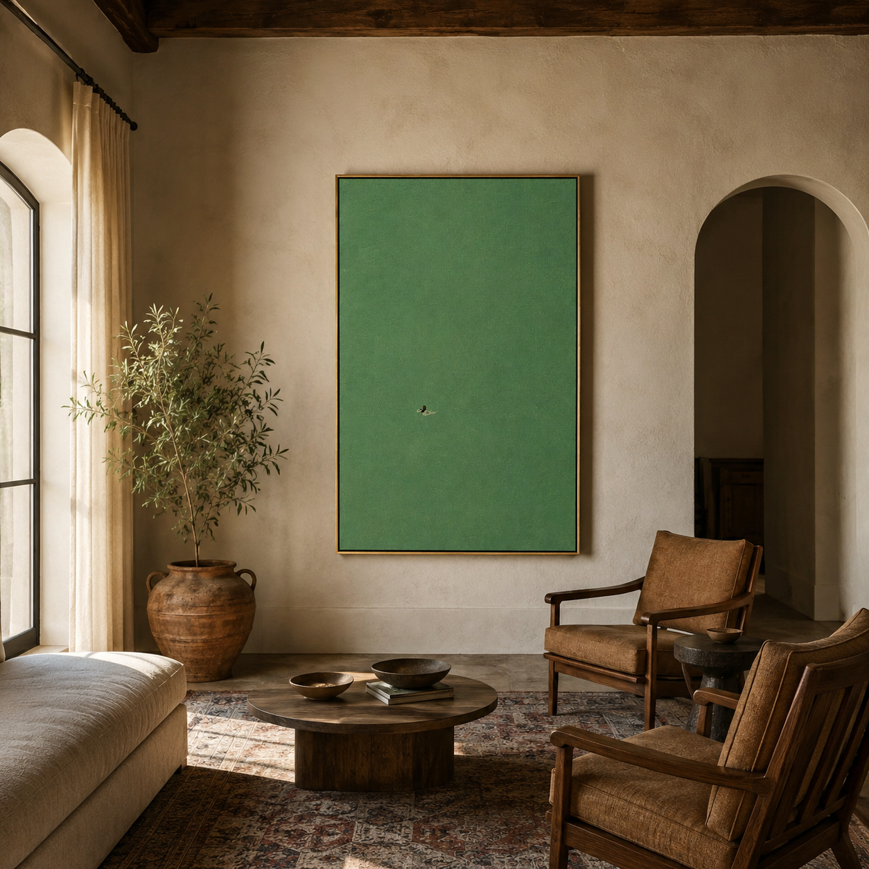 "Small Arrival" - Minimalist Bird Painting | Soft Green Vertical Contemporary Wall Art