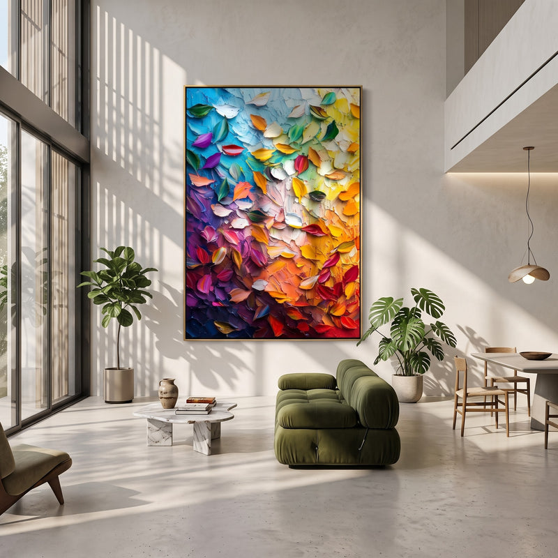 "Petal Current" - Colorful Floral Texture Painting | Pink Orange Yellow Vertical Botanical Wall Art