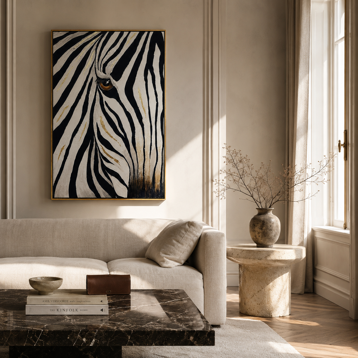 "Golden Gaze" - Textured Zebra Portrait Painting | Black White & Gold Vertical Animal Wall Art