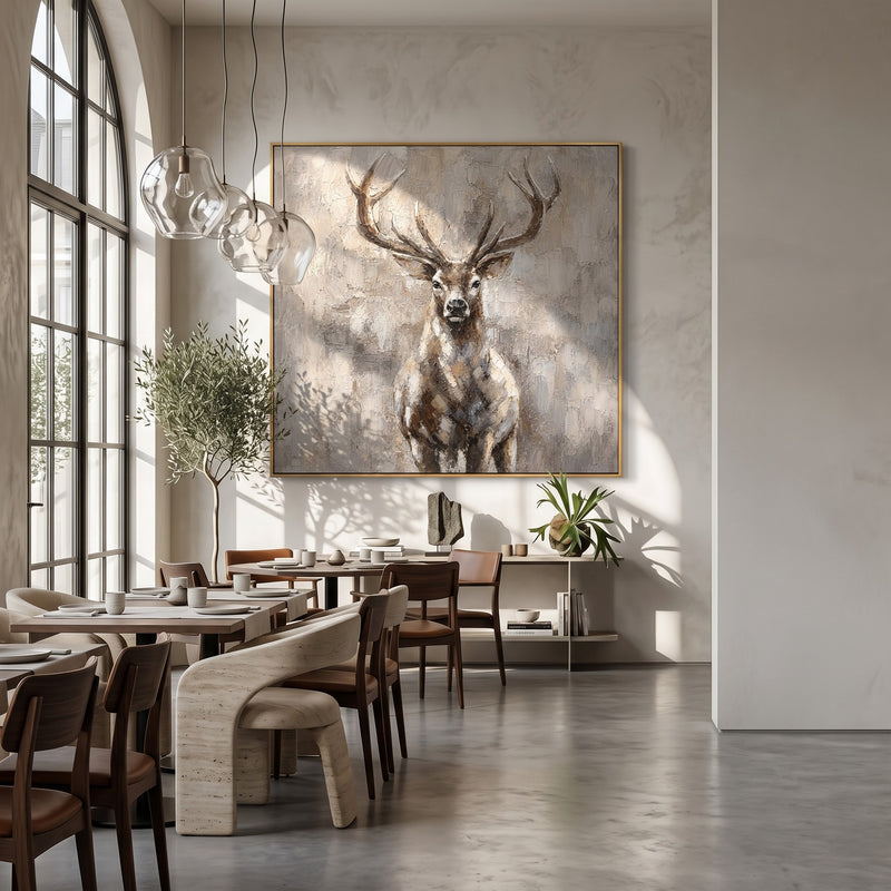 "Quiet Stag" - Textured Deer Portrait Painting | Beige Brown & Grey Vertical Animal Wall Art