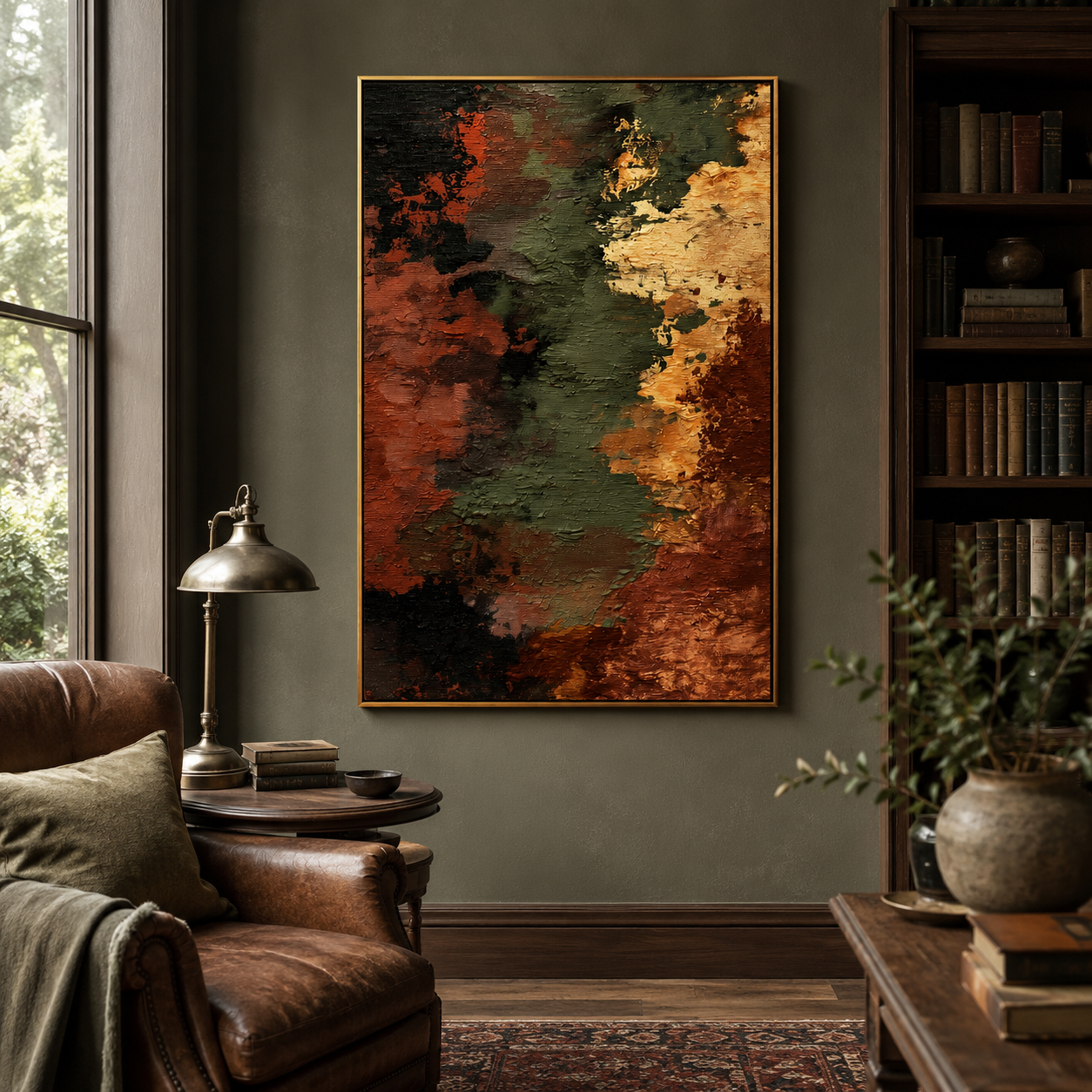 "Ember Fault" - Earth Tone Abstract Texture Painting | Rust Green & Gold Vertical Wall Art