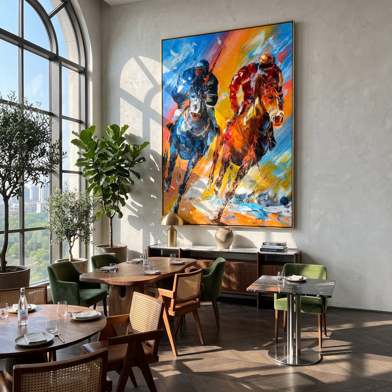 "Racing Light" - Colorful Horse Racing Painting | Blue Green Orange Vertical Animal Wall Art