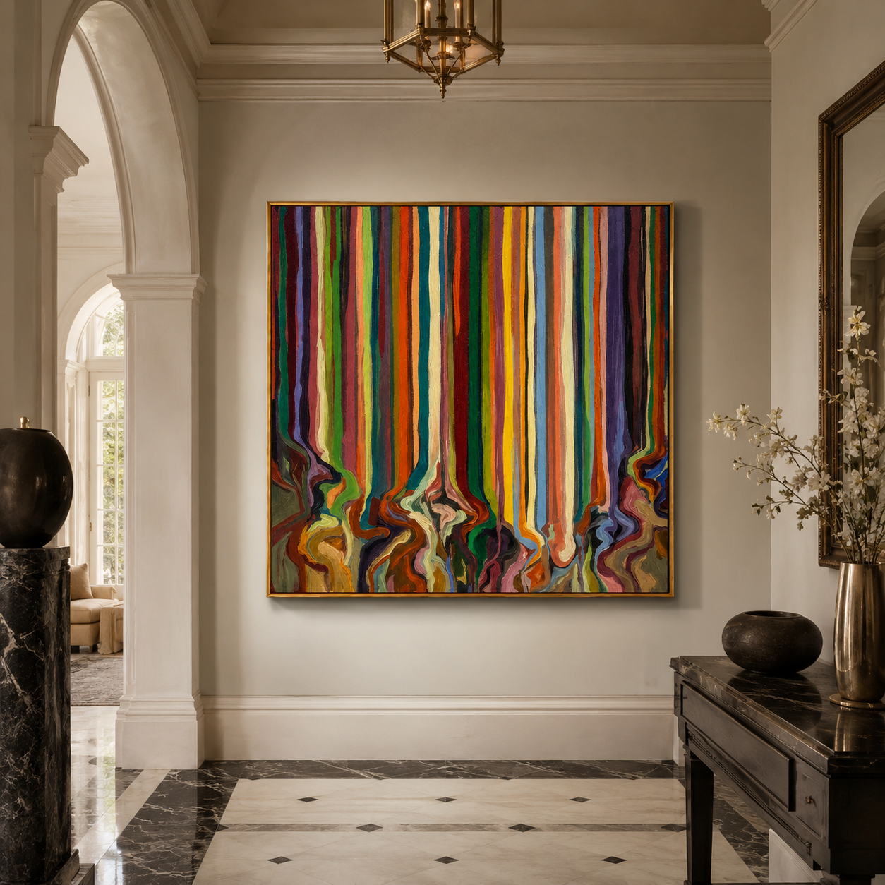 "Drifted Spectrum" - Colorful Vertical Stripe Abstract | Multicolor Square Drip Wall Art