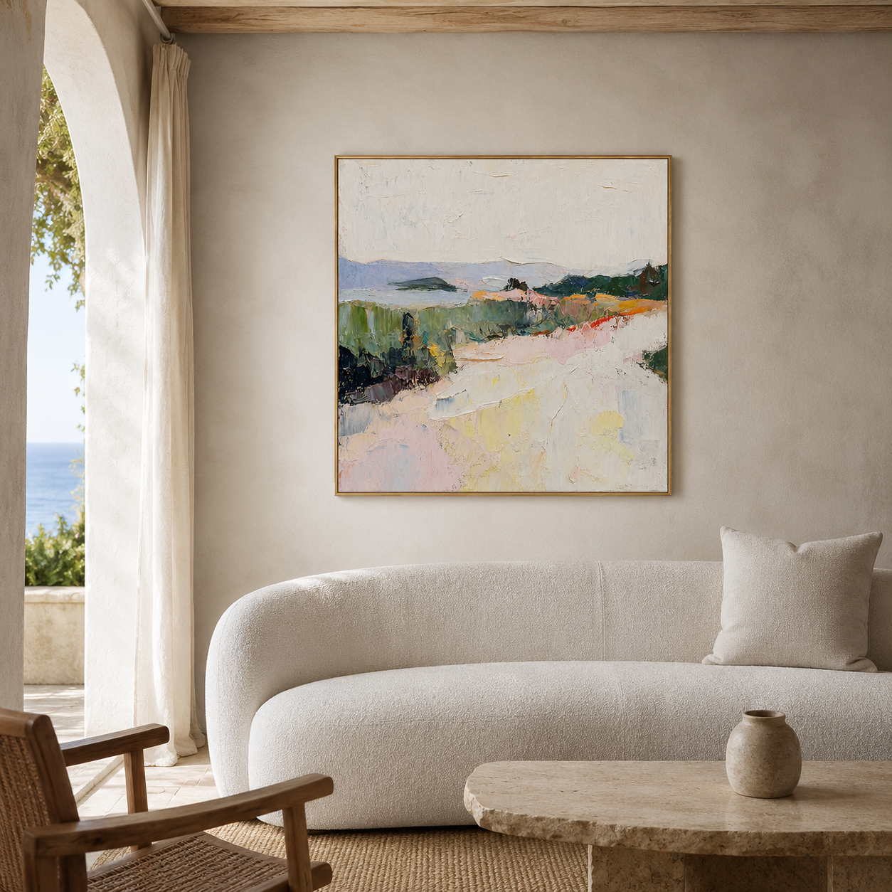 "Pastel Ridge" - Colorful Impasto Mountain Landscape | Green Pink & Yellow Textured Wall Art