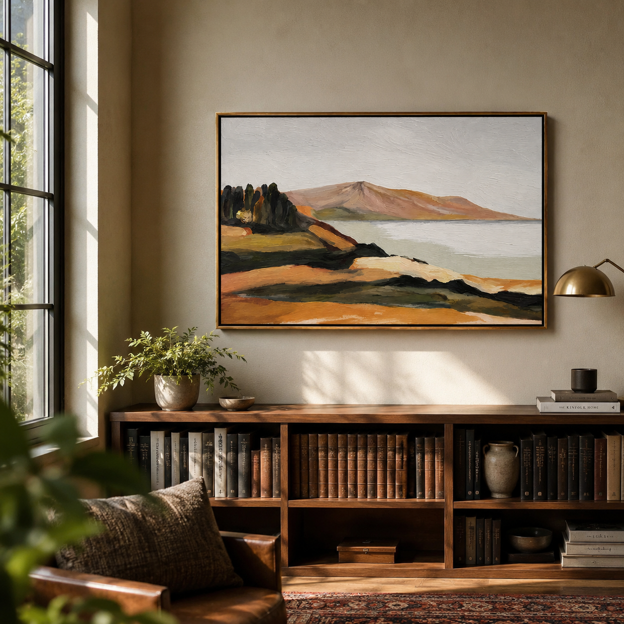 "Quiet Shoreline" - Minimalist Coastal Landscape Painting | Beige Blue & Brown Wall Art