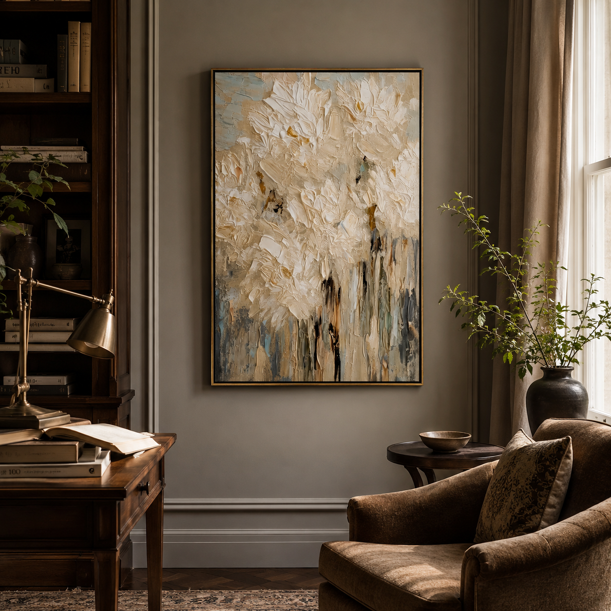 "Ivory Bloomfall" - White Impasto Floral Painting | Beige Textured Vertical Flower Wall Art
