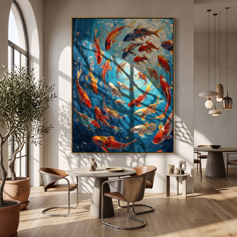 "Koi Constellation" - Colorful Koi Fish Painting | Blue Green Orange Vertical Animal Wall Art
