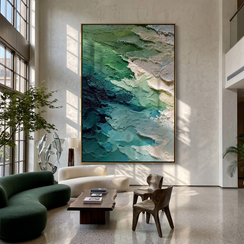 "Aqua Foam Relief" - Green Blue 3D Textured Abstract Painting | Wabi-Sabi Wall Art