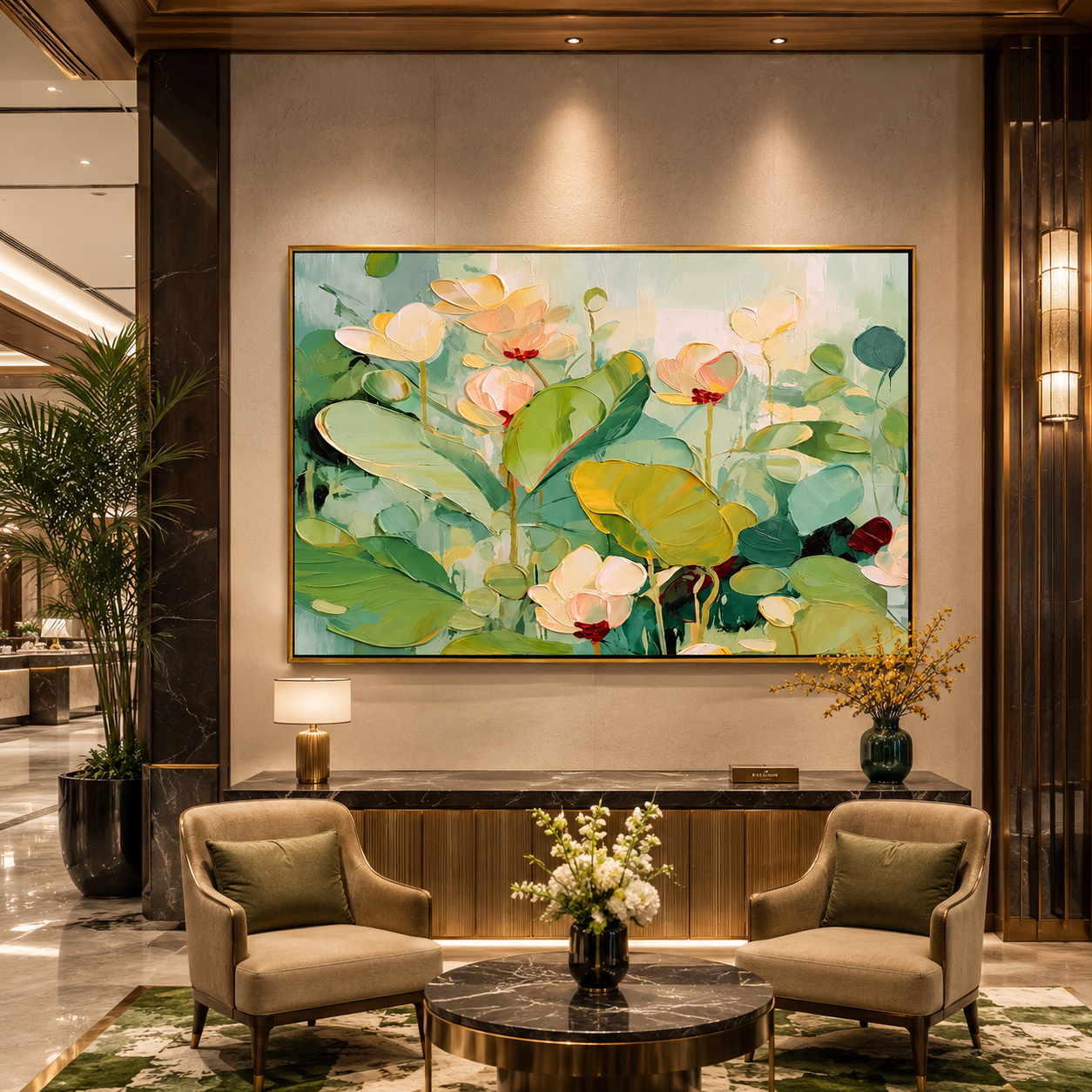 "Lotus Morning" - Soft Floral Water Lily Painting | Green White & Pink Botanical Wall Art