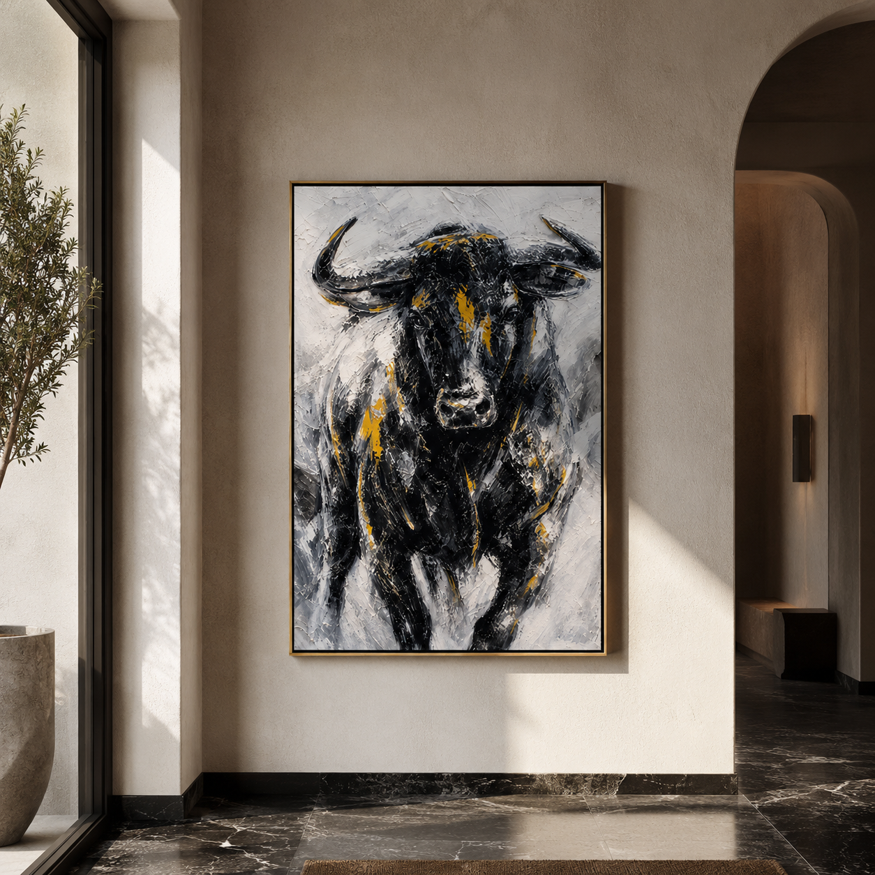 "Iron Buffalo" - Black White & Gold Textured Buffalo Portrait | Vertical Animal Wall Art