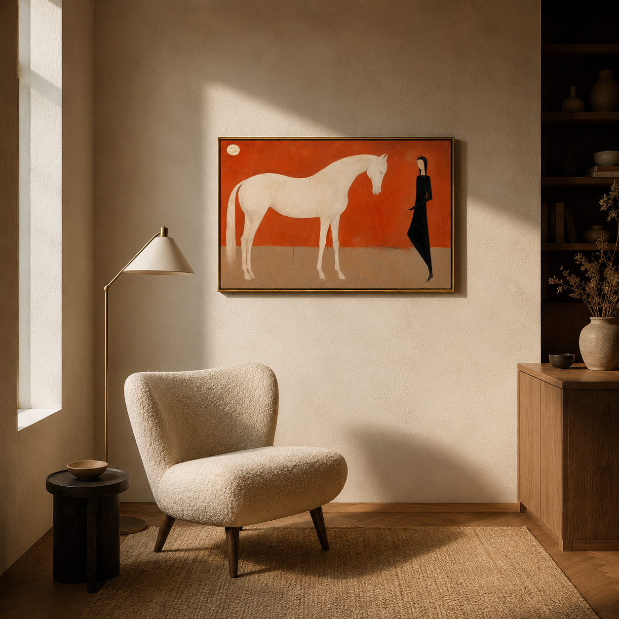"Moonlit Keeper" - White Horse & Figure Painting | Terracotta Minimalist Figurative Wall Art