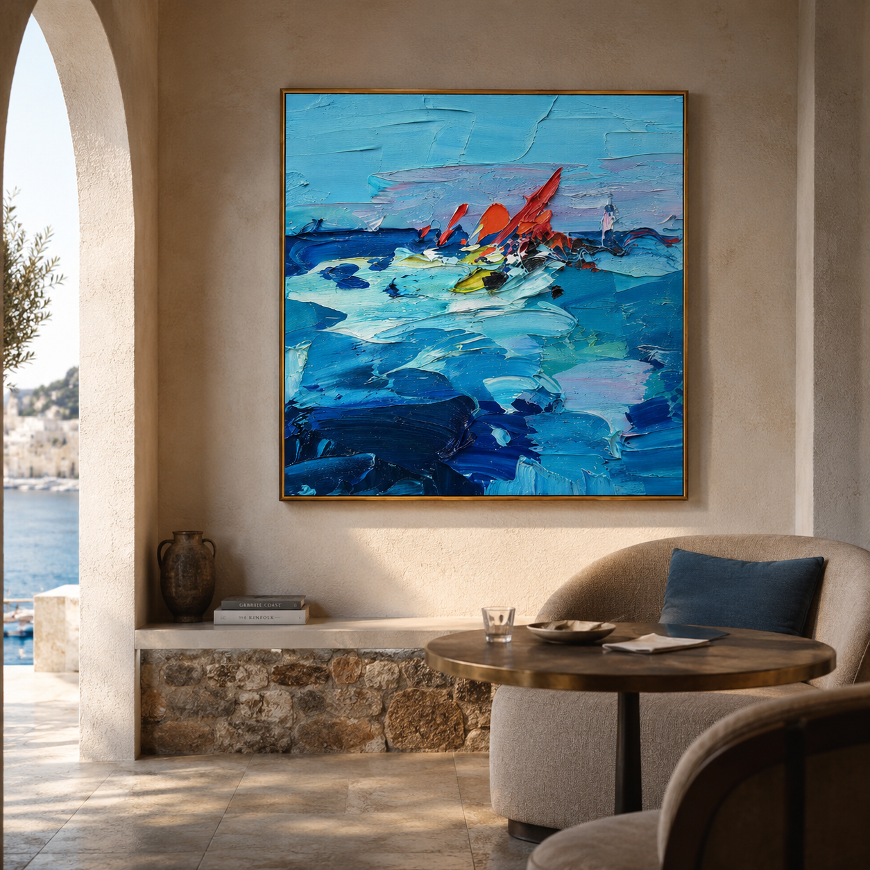 "Blue Current" - Colorful Impasto Ocean Painting | Blue Red & Yellow Seascape Wall Art