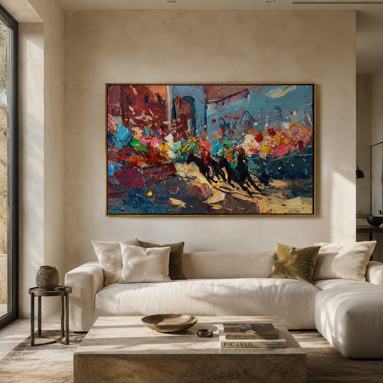 "Harbor Fragments" - Colorful Impasto Abstract Painting | Blue Red & Gold Horizontal Statement Art