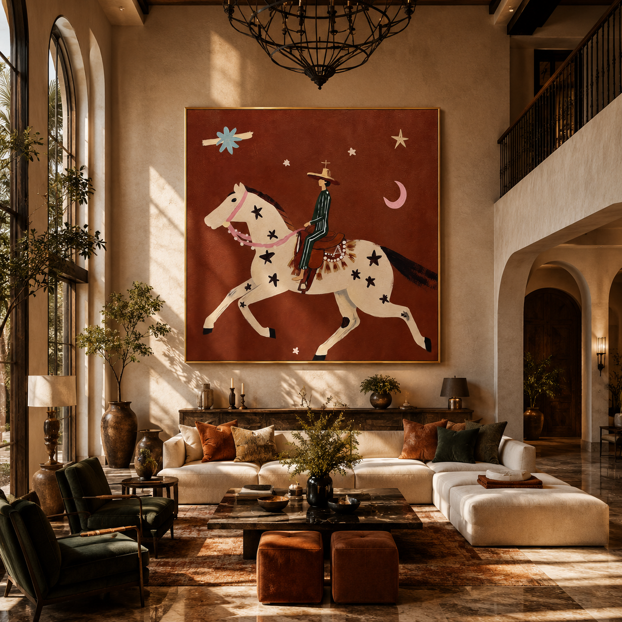 "Moonlit Rider" - Whimsical Horse & Cowboy Painting | Rust Red Western Animal Wall Art