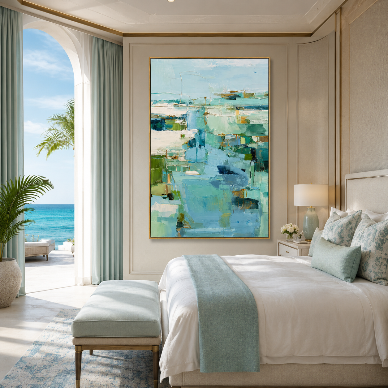 "Aqua Passage" - Soft Abstract Seascape Painting | Blue Green Vertical Contemporary Wall Art