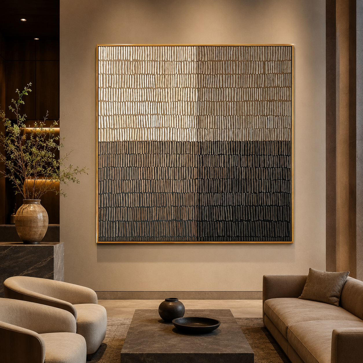 "Measured Silence" - 3D Minimalist Plaster Grid Relief | Beige Grey & Black Square Textured Art