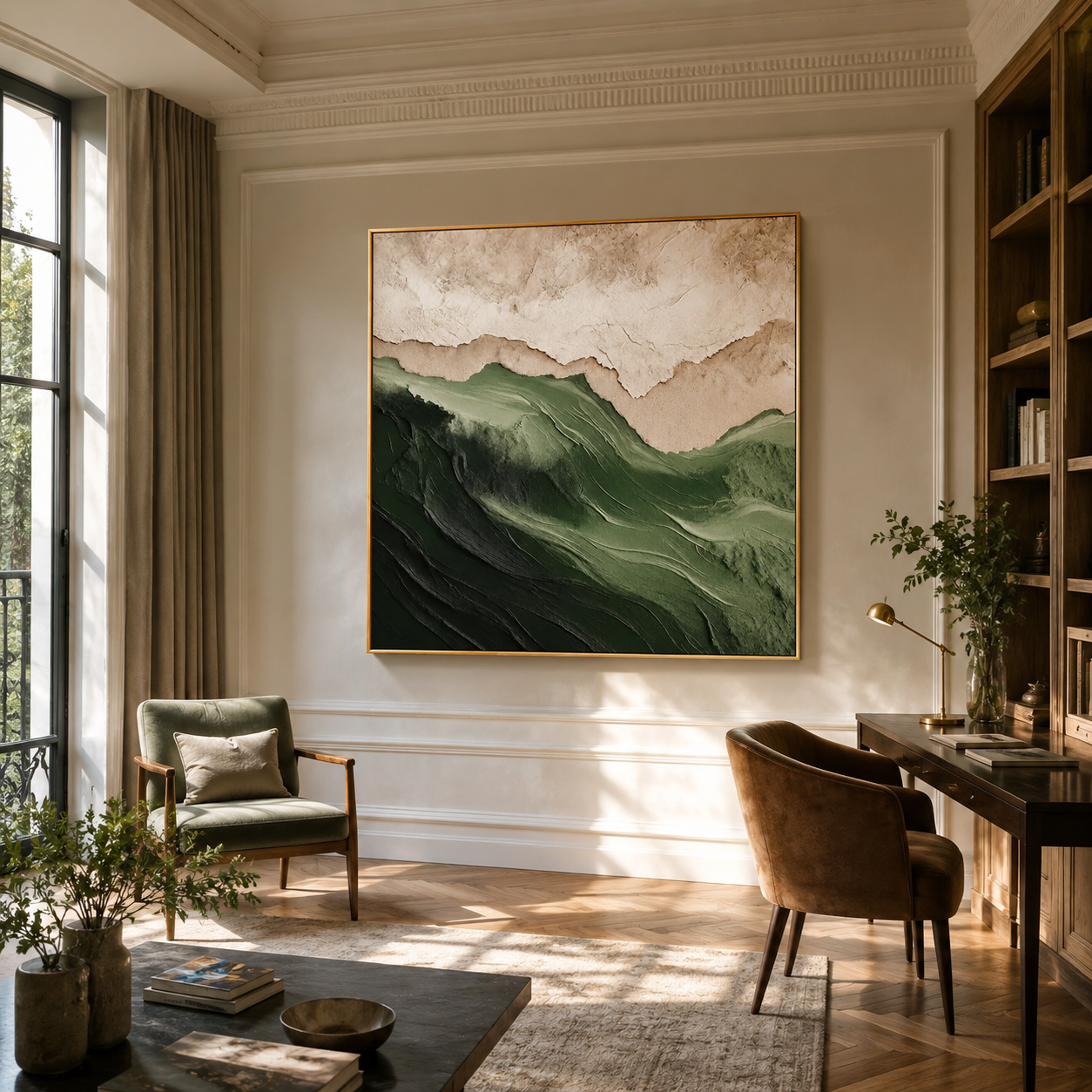 "Forest Ridge" - 3D Wabi-Sabi Mountain Relief | Green Beige & White Square Textured Art
