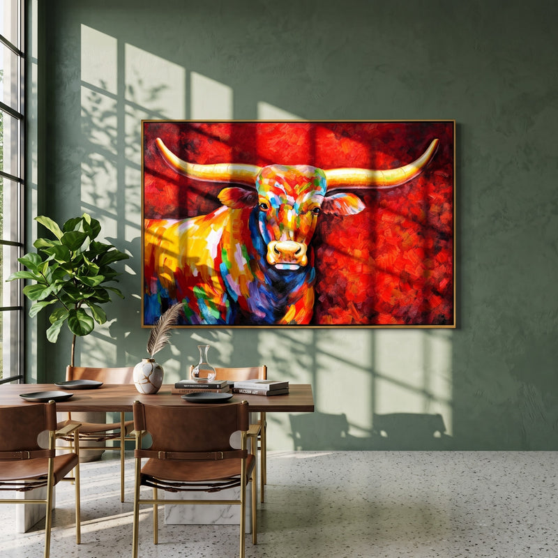 "Crimson Highlander" - Colorful Highland Cow Painting | Red Orange Yellow Horizontal Animal Wall Art