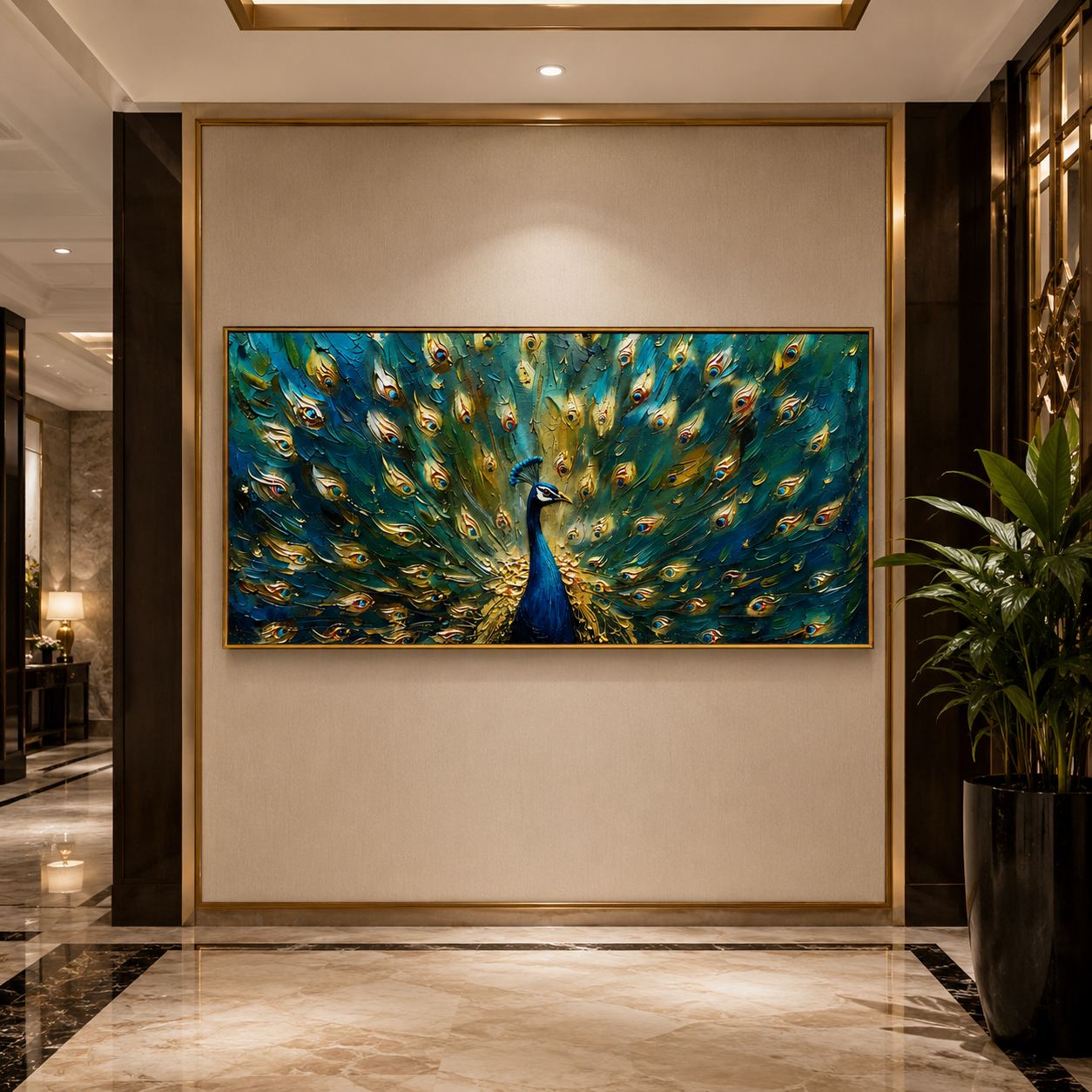 "Emerald Peacock" - Textured Peacock Painting | Green Blue & Gold Animal Wall Art