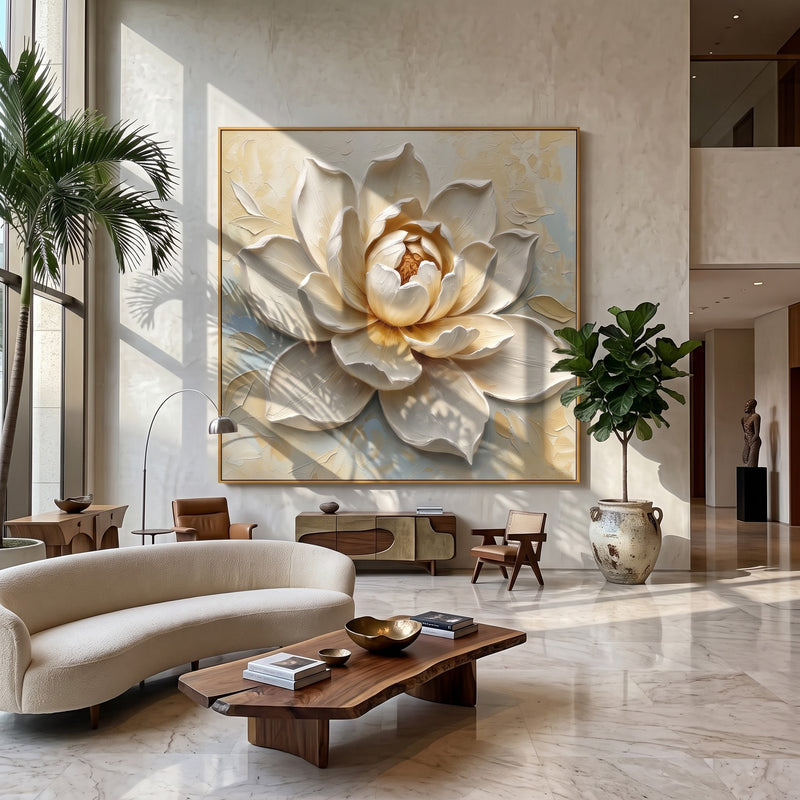 "Ivory Bloom" - 3D White Plaster Flower Relief | White Beige Grey Square Wabi-Sabi Textured Art